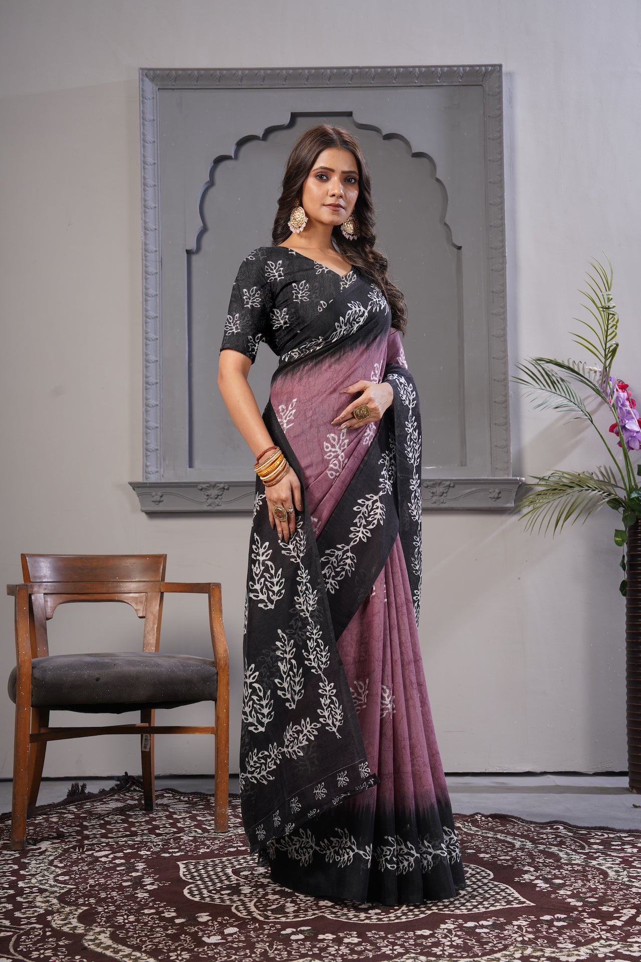 KARAMKARI-LADY BLACK CURRENT (COTTON SILK SAREE)